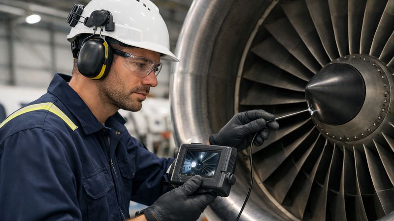 航太工程師使用工業內視鏡檢測噴射引擎渦輪葉片
